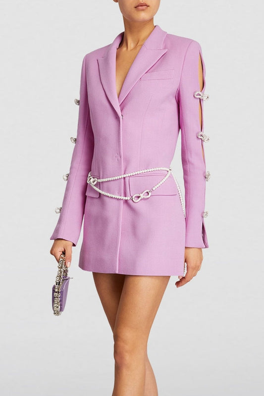 Ellalabel Milena Bow-Detail Pearl Belted Blazer Dress in PURPLE - Crafted from High-quality Fabrication - Designed for Elegant Occasions.
