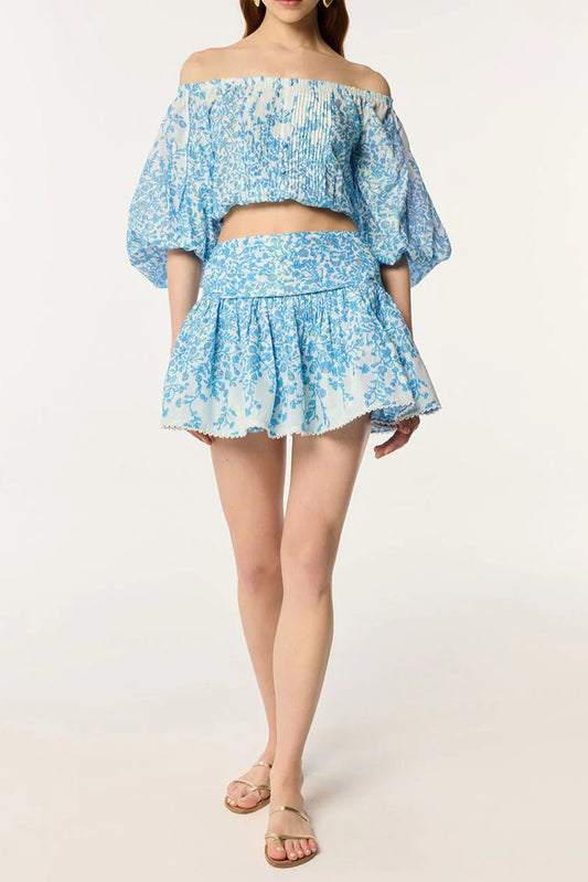 Ellalabel OFF-SHOULDER FLORAL PRINT MINI SKIRT SET IN BLUE - Crafted from High-quality Fabrication- Best for Cocktail Parties and Night Out.