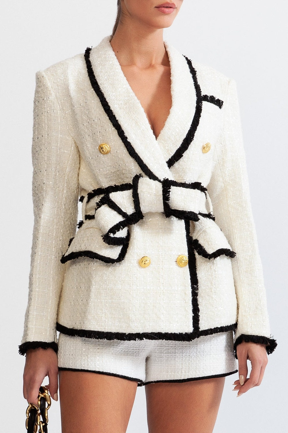 Mishka Breasted Tweed Jacket With Belt- White - Stylish white dress for special occasions | Buy Online