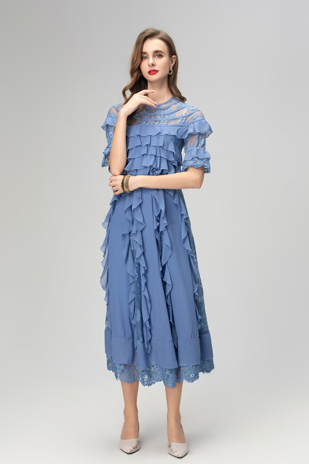 lorraine lace ruffle trim midi dress in blue
