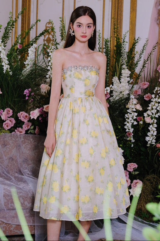 Ellalabel Khaleesi Lemon Yellow Strapless Long Cocktail Dress-Butter Cup in Yellow - Crafted from High-quality Fabrication- Best for Cocktail Parties and Night Out.