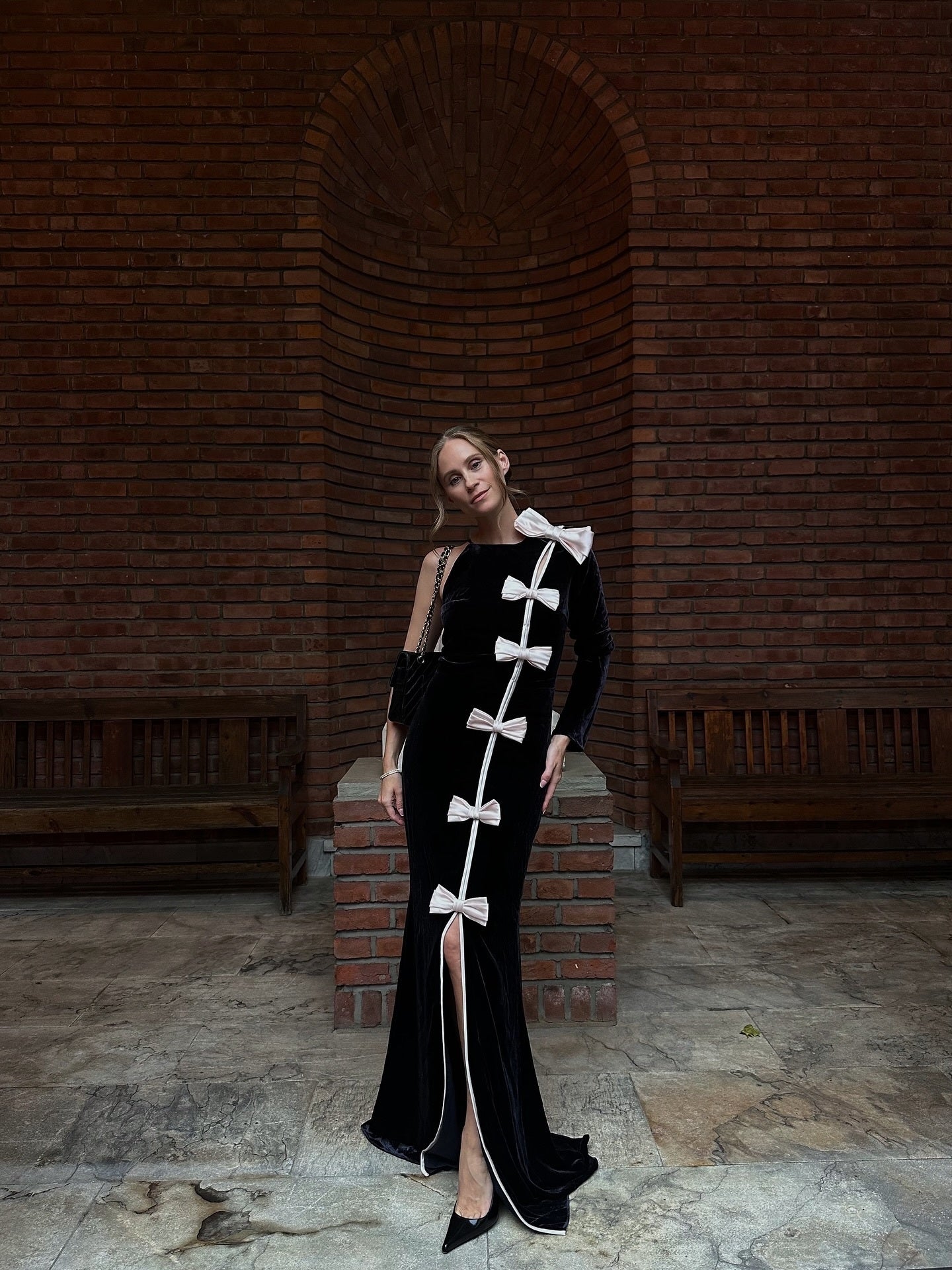 Cameron Bow Cascade Velvet Maxi Dress in black