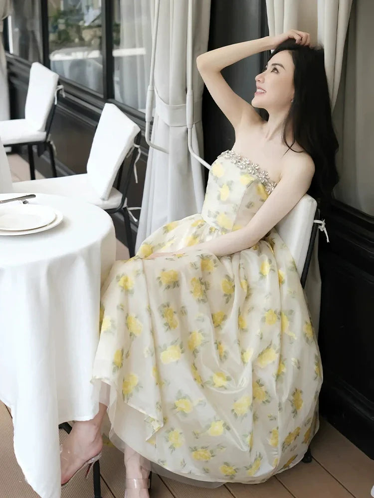 Khaleesi Lemon Yellow Strapless Long Cocktail Dress-Butter Cup