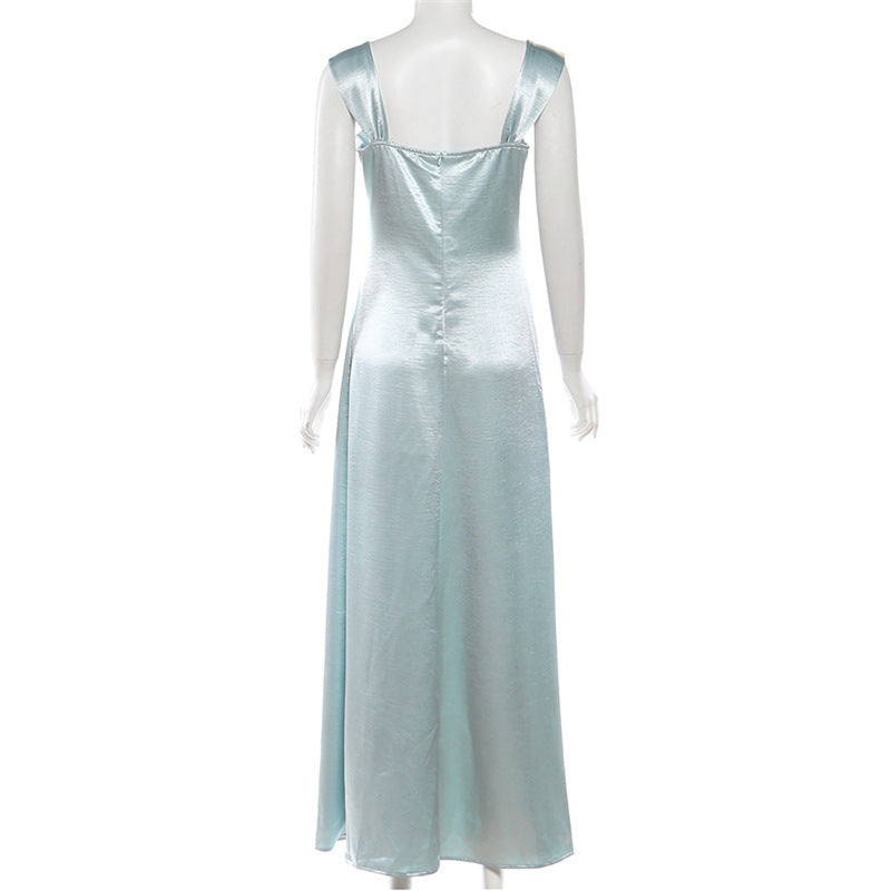 sabrina blue Rhinestone embellished Satin Maxi Dress