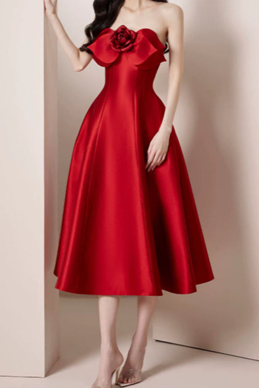 Ellalabel mignon 3d flower satin strapless midi dress in red - Crafted from Glossy Silk Satin- Perfect for Garden Parties and Resort Wear.