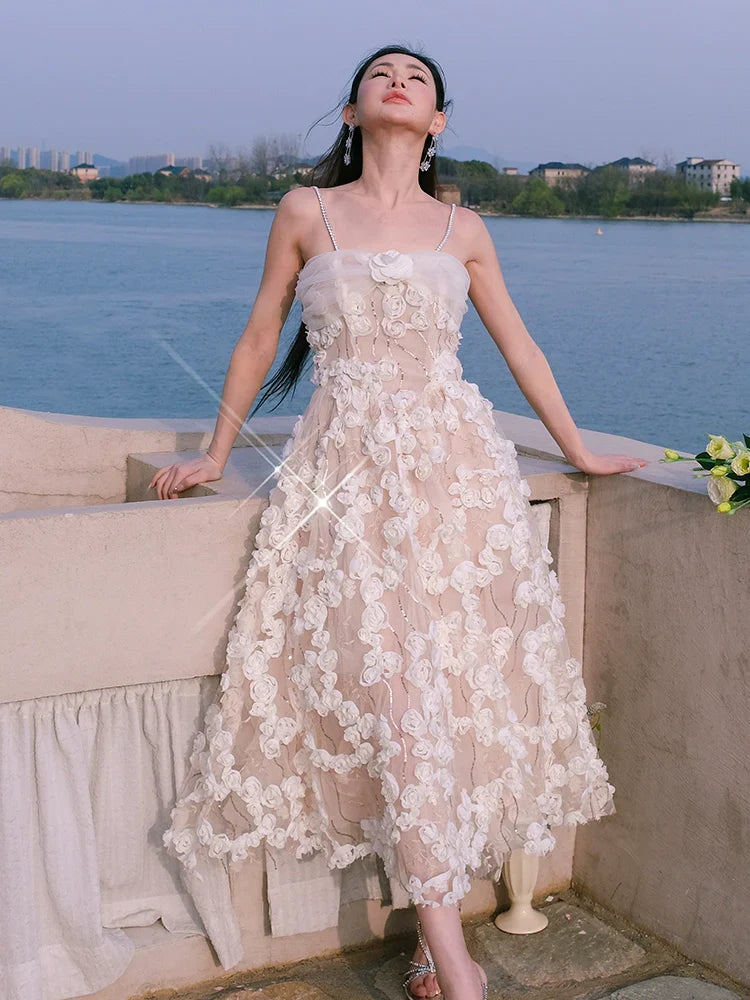 Aubrey White/Beige Sleeveless  Flower Dress
