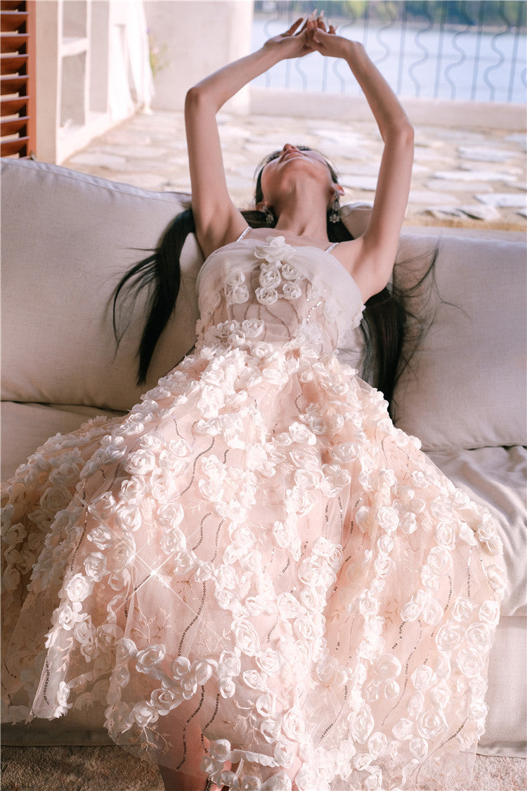 Aubrey White/Beige Sleeveless  Flower Dress