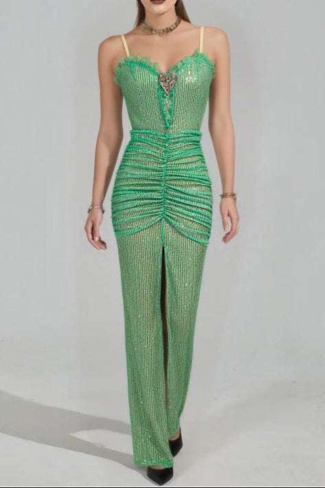 Ellalabel griselda high slit pleated sequin maxi dress in green - Crafted from Shimmering Hand-stitched Sequins- Ideal for Wedding Guest and Formal Galas.
