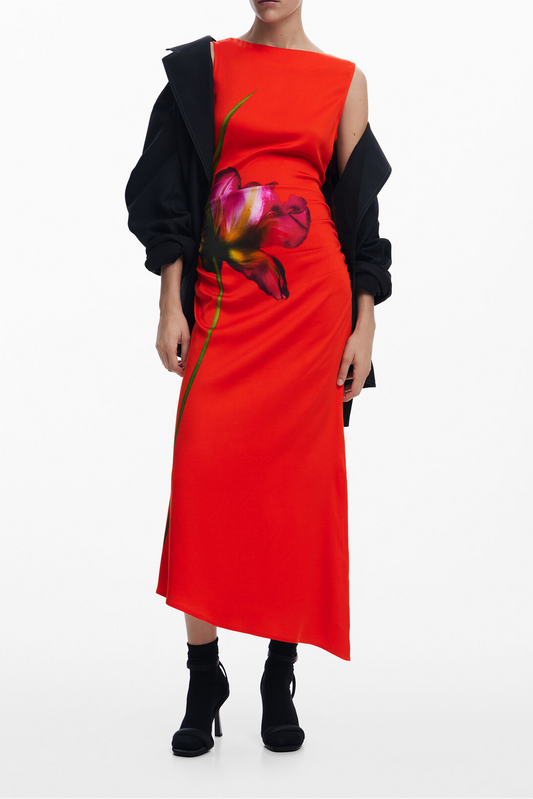 Ellalabel tiffany red sleeveless floral print with a ruched waist midi dress in Orange yellow - Crafted from High-quality Fabrication- Perfect for Garden Parties and Resort Wear.