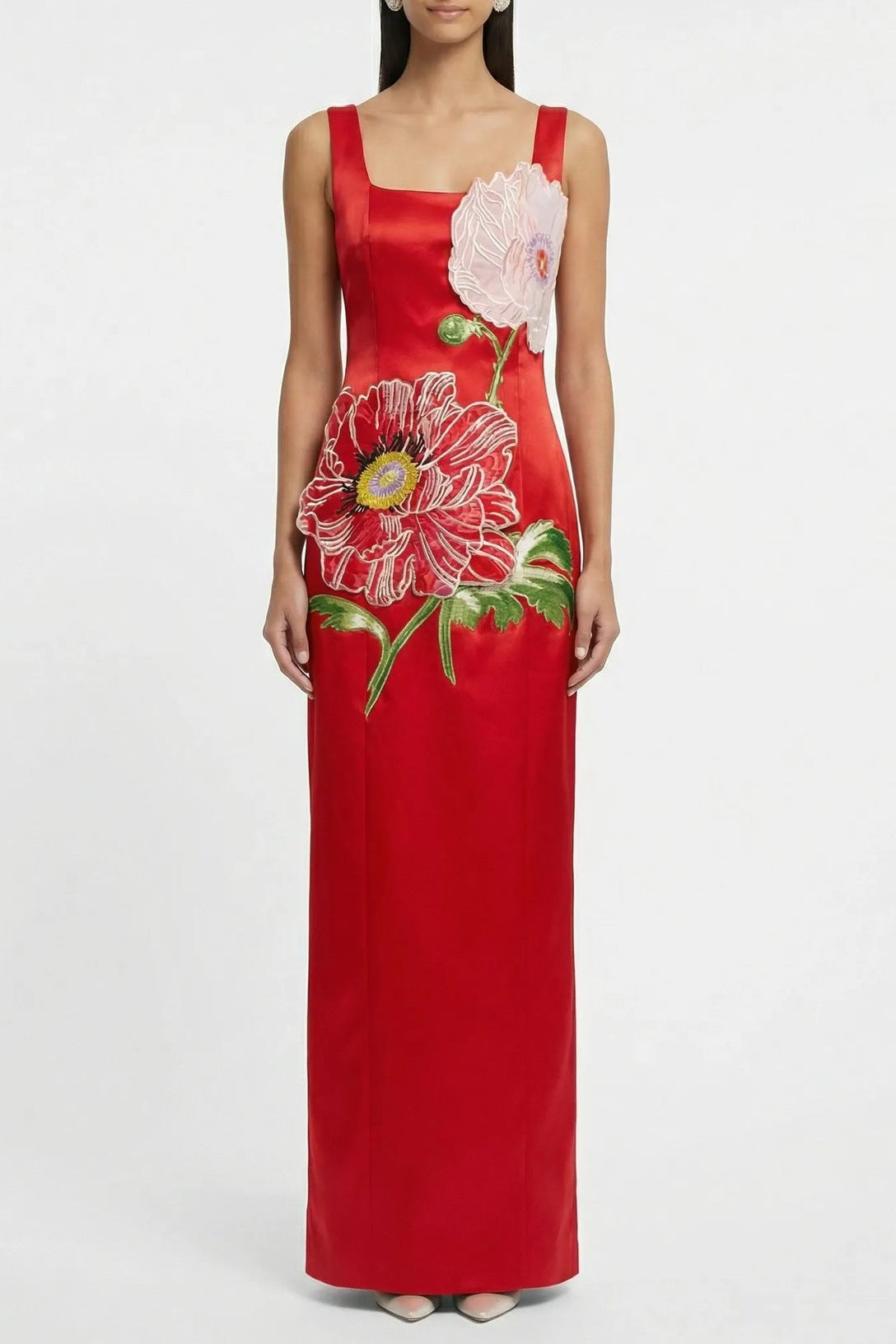 victoria red square neck flower embroidery satin maxi dress