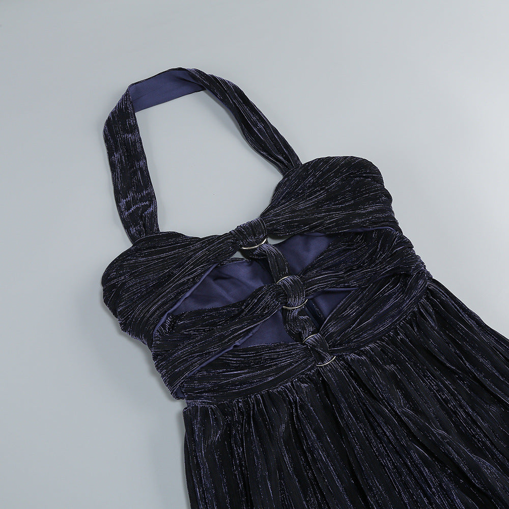 evangeline halter pleated cutout maxi dress in navy blue