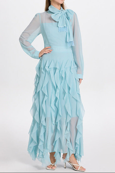 novia blue Bow Neck Tiered Ruffle Maxi Dress