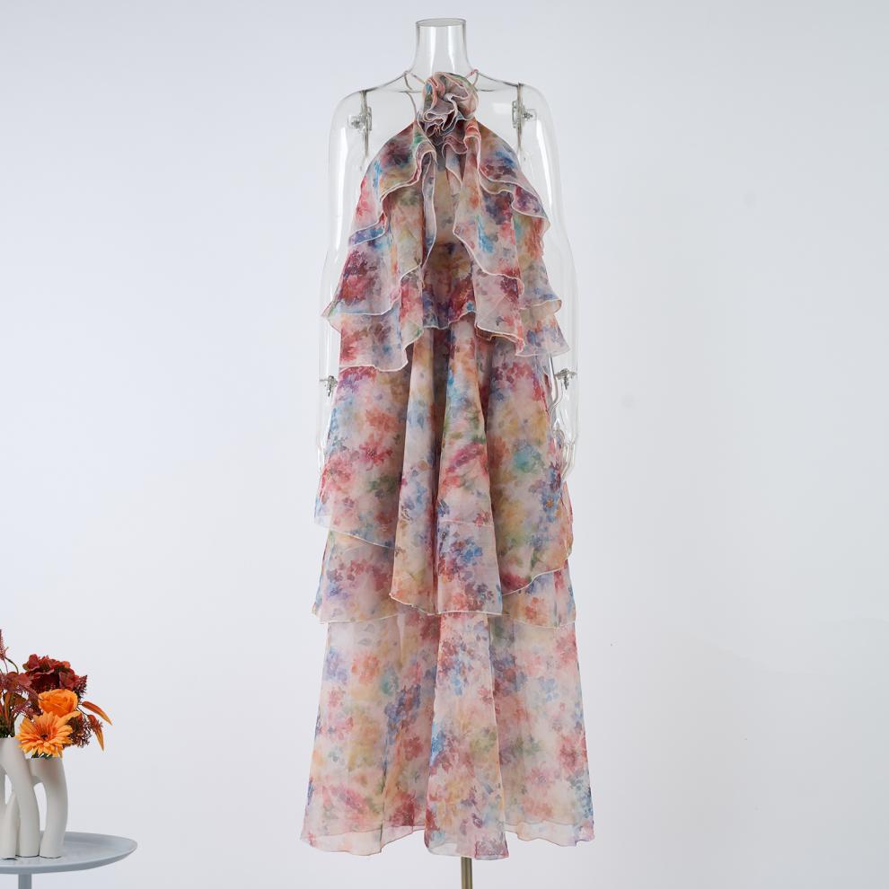 novia multicolor floral print layer halter midi dress