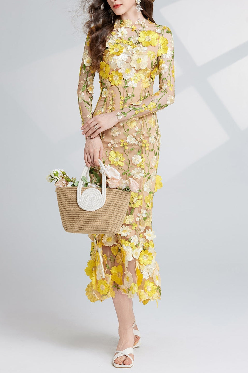 CAROL YELLOW FLORAL EMBROIDERY MESH LONG SLEEVE MIDI DRESS