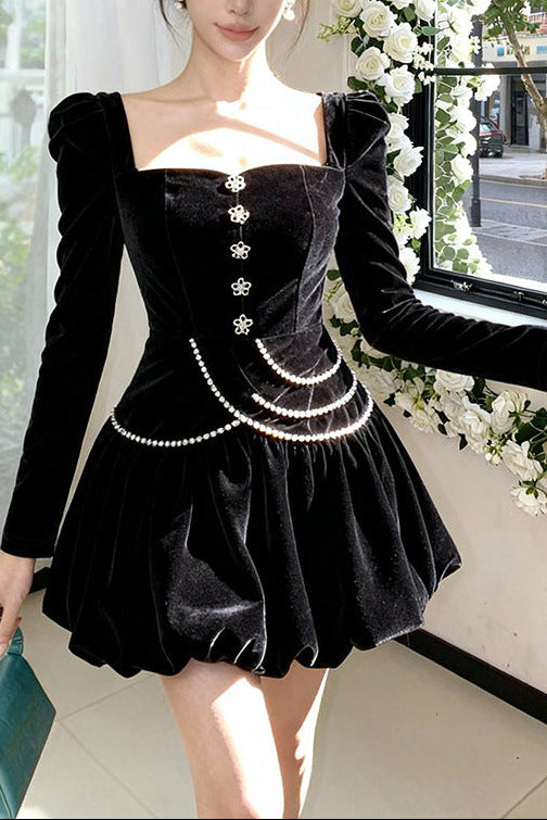 caroline black square neck rhinestone velvet mini dress