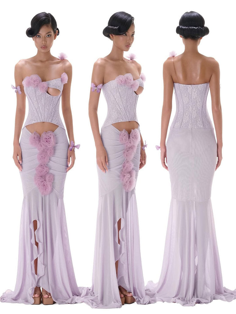 Sophia 3d flower strapless fishtail maxi dress in purple