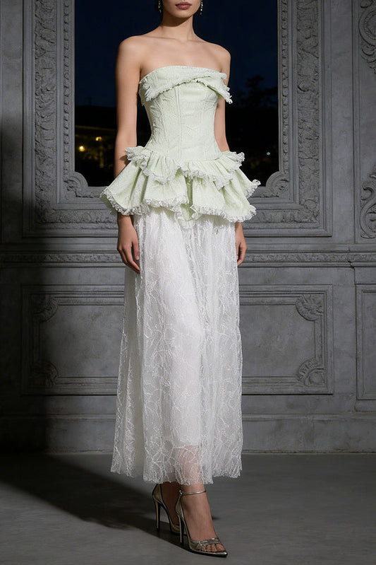 Ellalabel eartha fitted lace-paneled Strapless maxi dress in green - Crafted from Intricate Lace Fabrication- Ideal for Wedding Guest and Formal Galas.