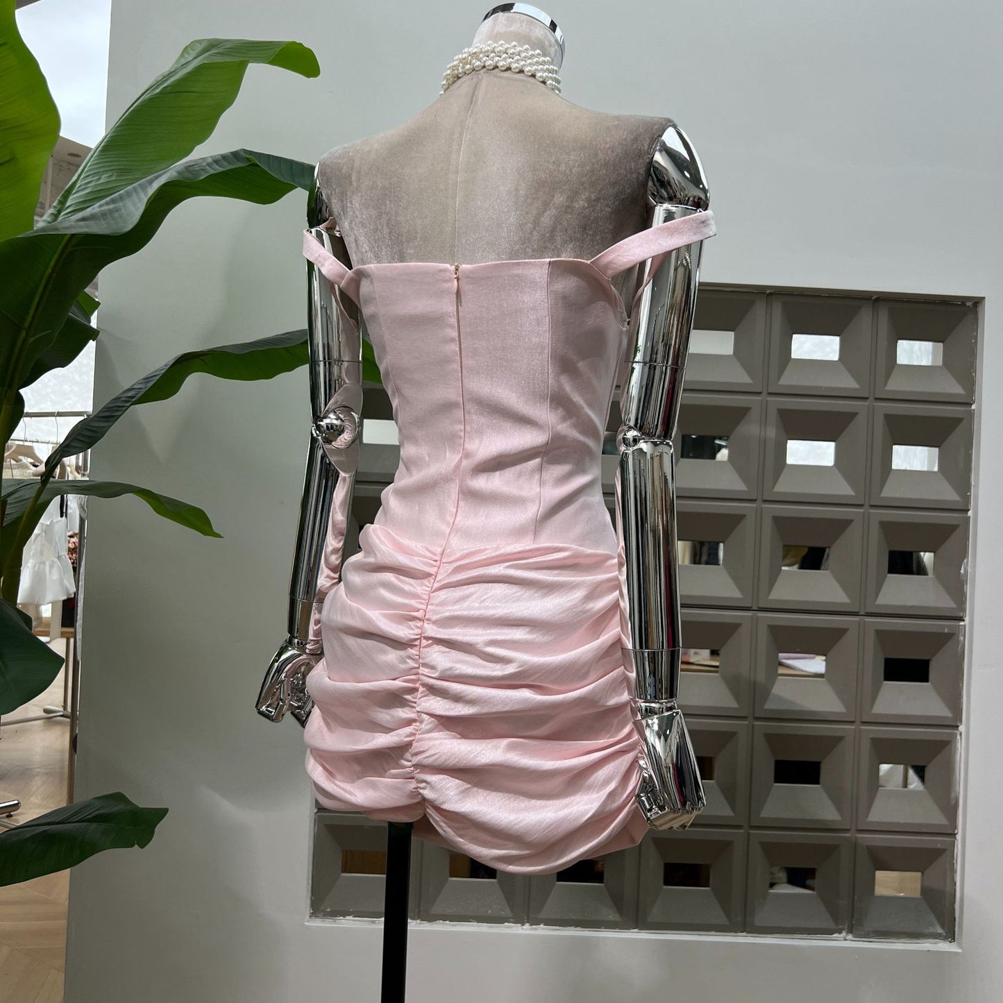 Pleated Flower Strapless Bodycon Mini Dress In Pink