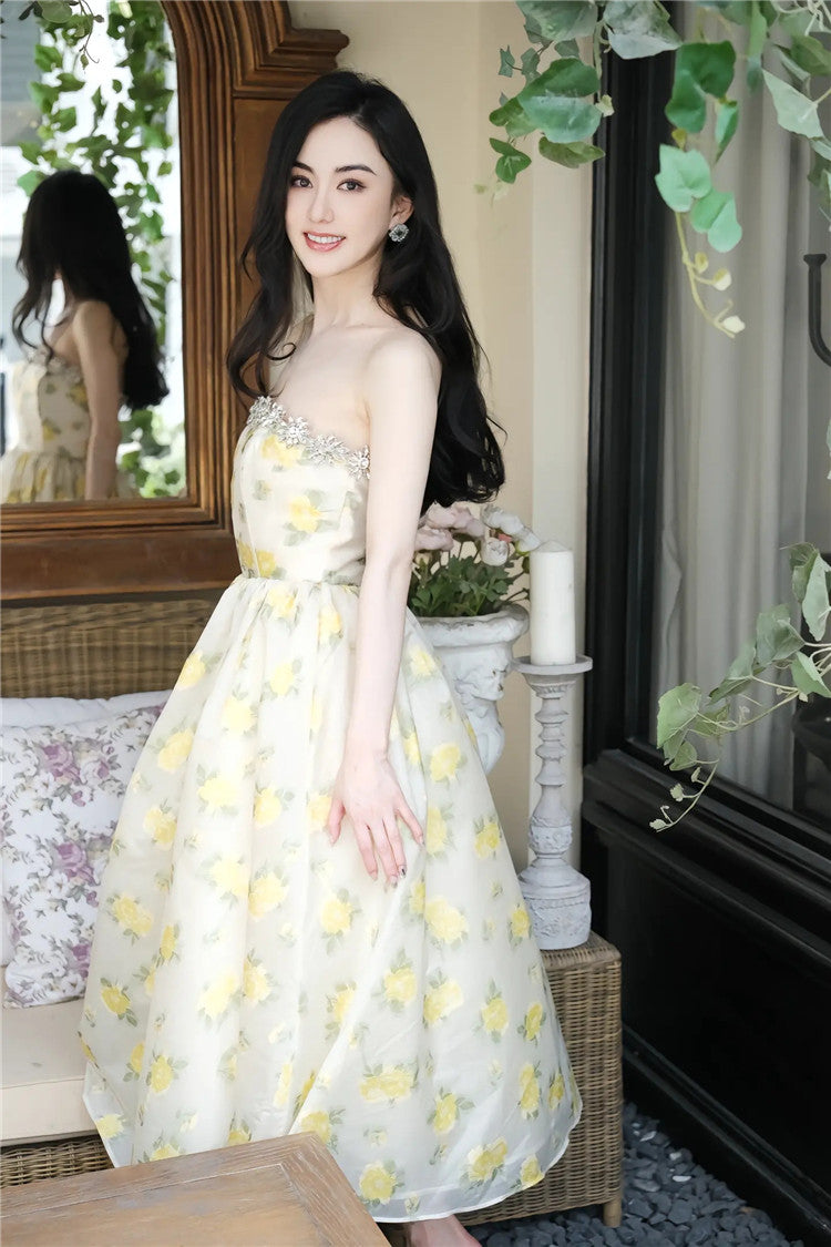 Khaleesi Lemon Yellow Strapless Long Cocktail Dress-Butter Cup