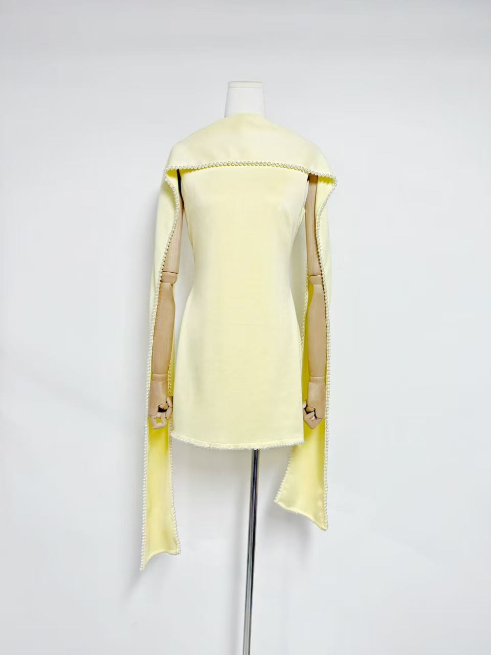 odelette Pearl Trim Shawl Mini Dress - Yellow