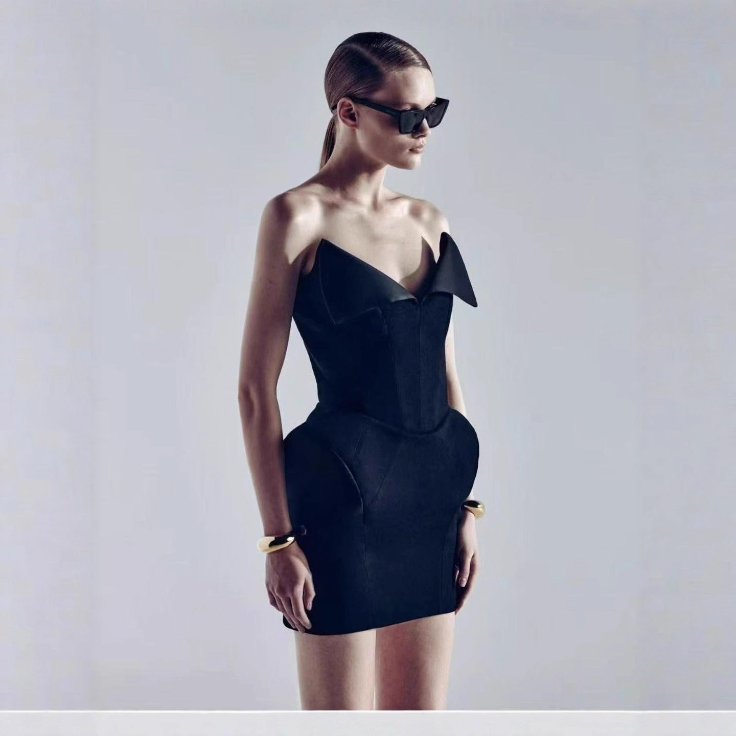 annabelle black Folded Collar Corset Mini Dress