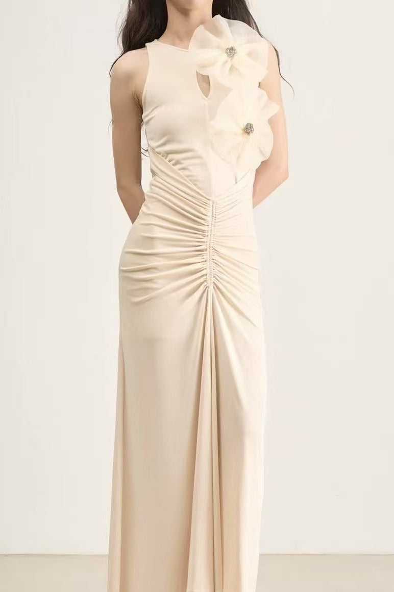 destiny Flower bow pleated bodycon maxi dress in white