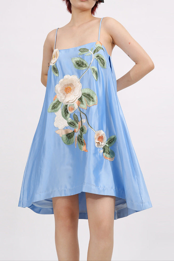 evangeline applique floral Embroidered Mini Dress in blue