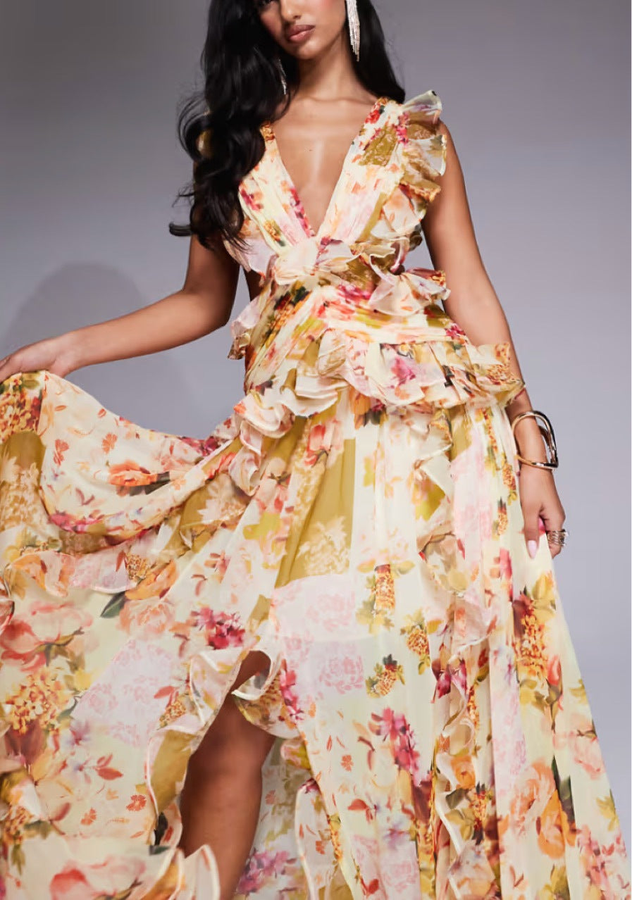 salome floral print backless ruffle hem maxi dress