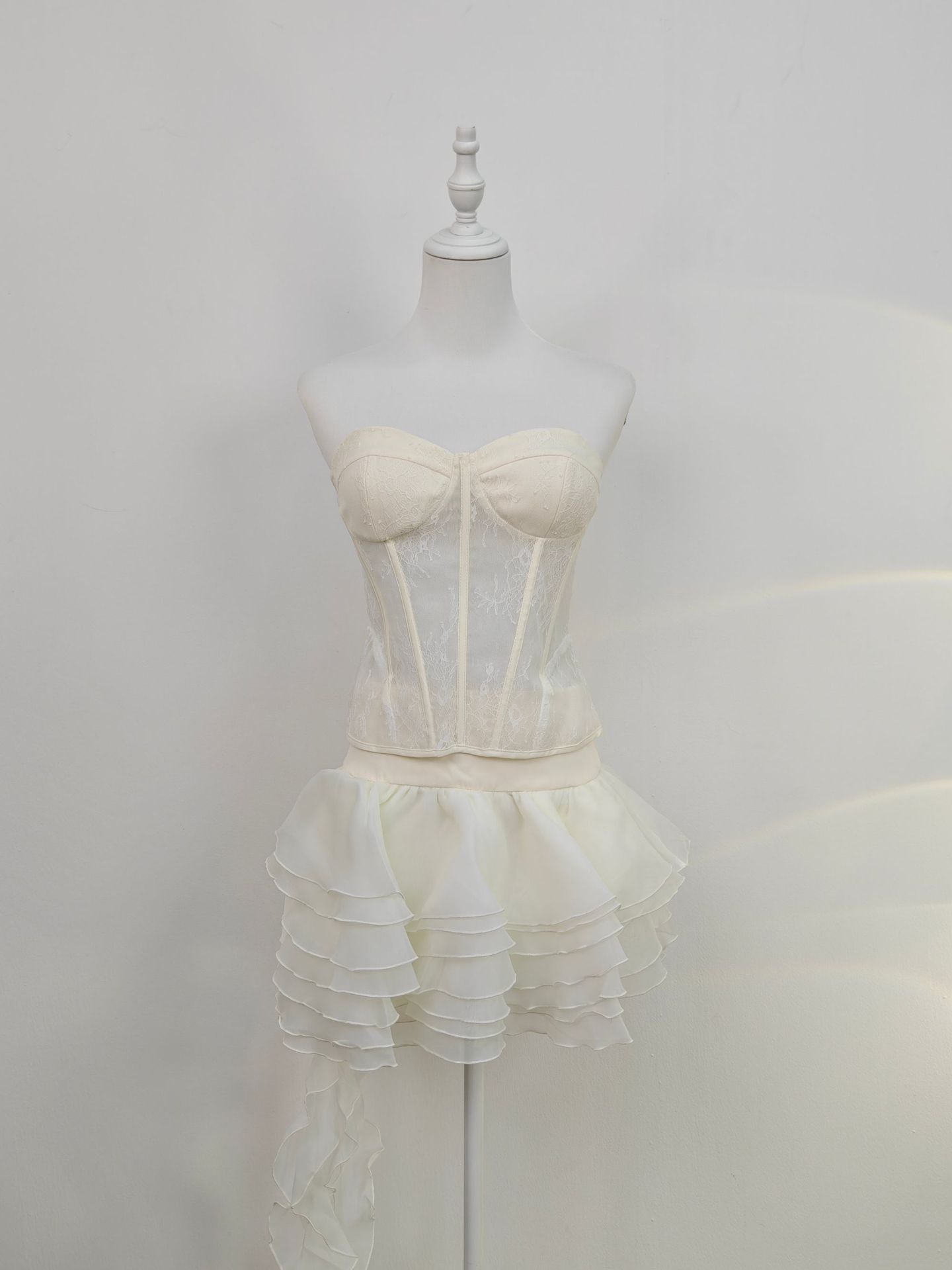 lauren Irregular Petal Lace Bodycon Mini Skirt Set In Beige