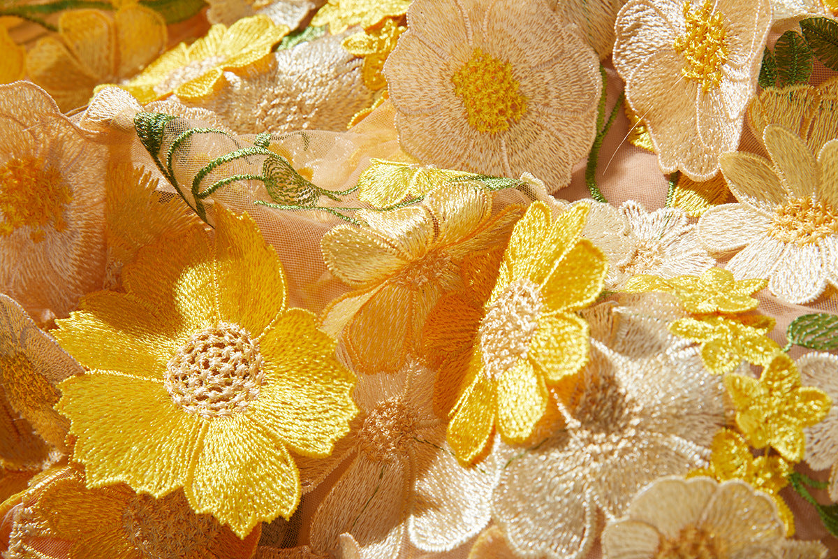 Stylish yellow dress | CAROL YELLOW FLORAL EMBROIDERY MESH LONG SLEEVE MIDI DRESS - Ideal for special occasions