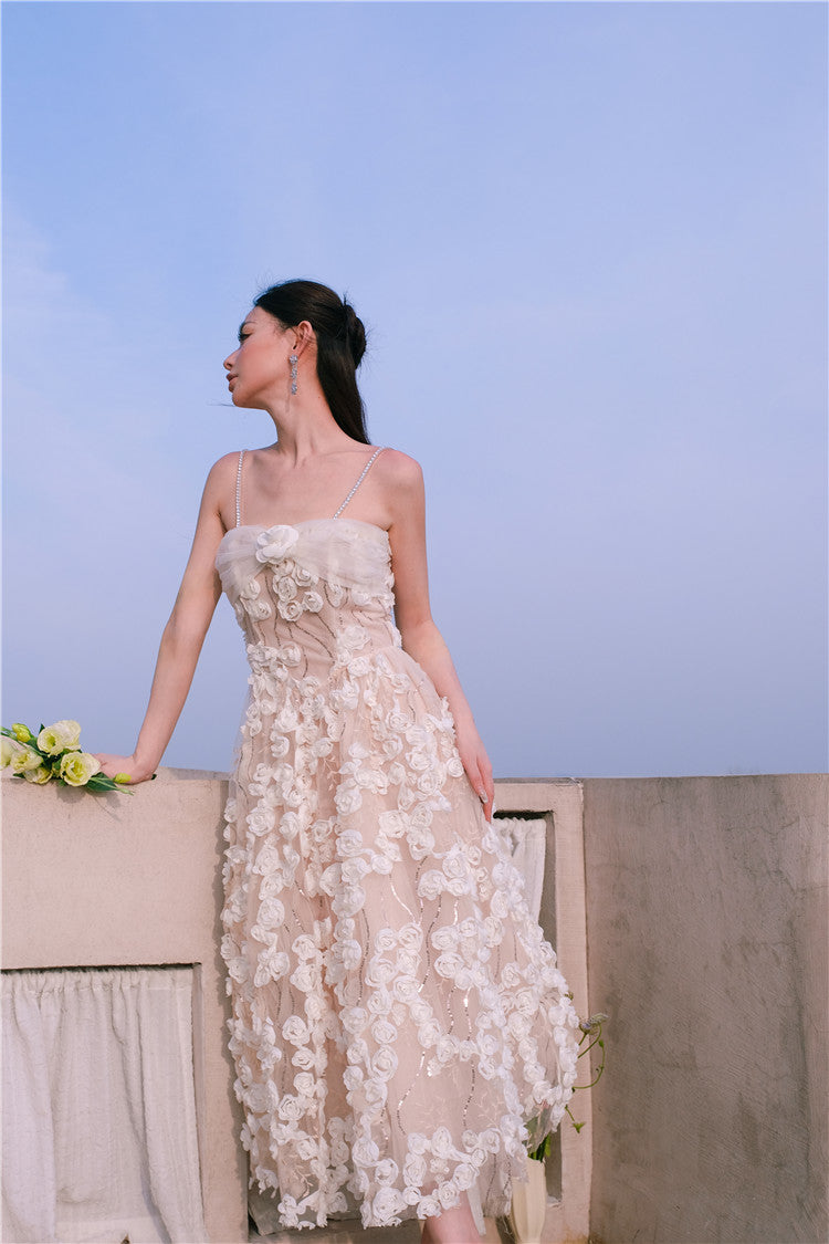 Aubrey White/Beige Sleeveless  Flower Dress