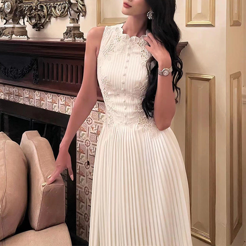 shirley white lace embroidery pleated midi dress