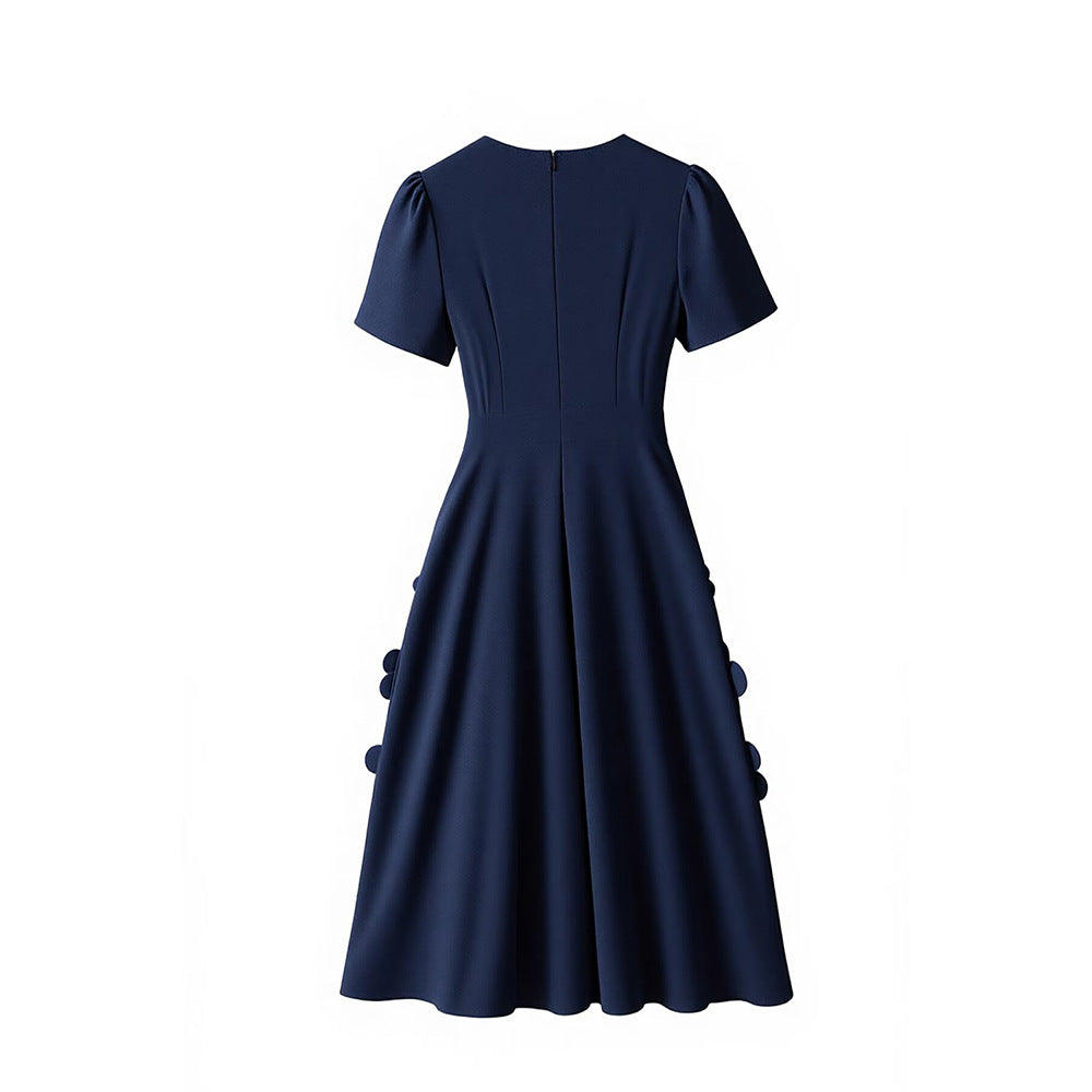 katherine 3d flower appliqué midi dress in navy blue