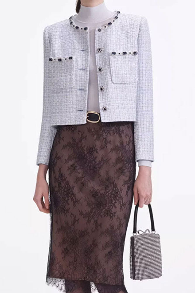 christine pale blue beaded Embellished Tweed Jacket