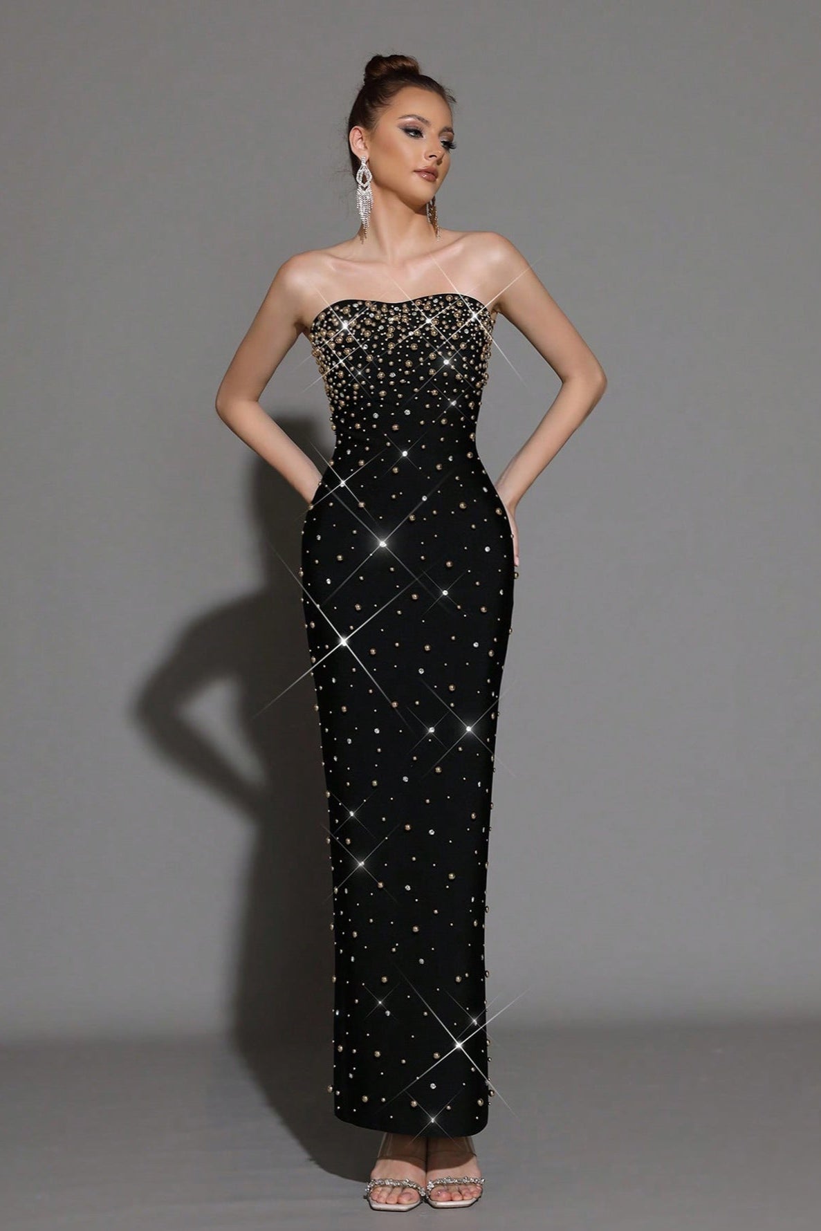 vicky Pearl Rhinestone Beaded strapless black maxi dress