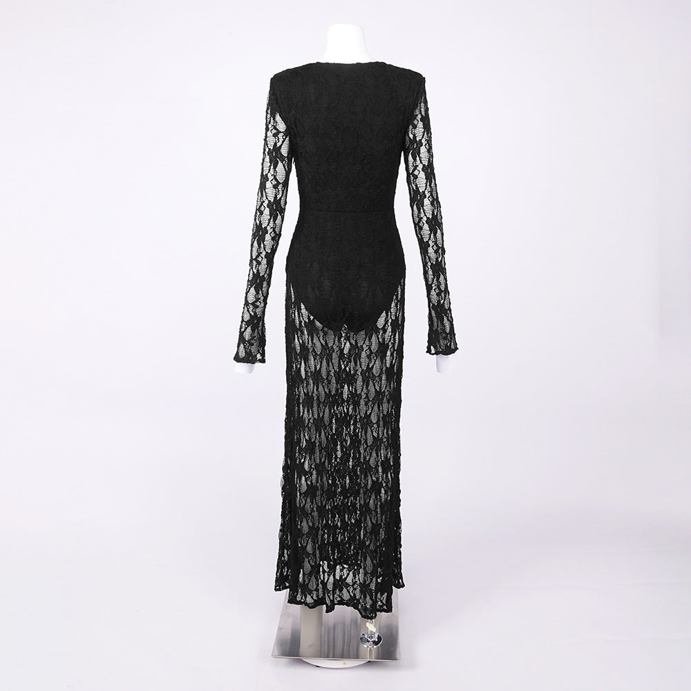 florence v neck hollow long sleeve lace maxi dress  in black