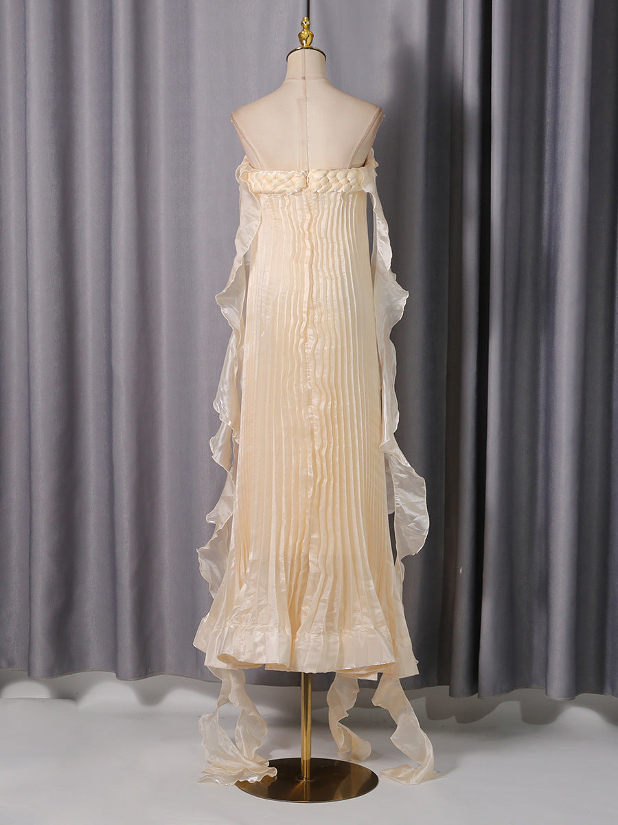 Samantha Off Shoulder Pleated Maxi Dress in apricot