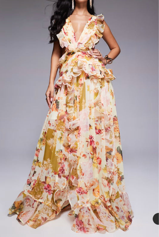 Ellalabel salome floral print backless ruffle hem maxi dress - Crafted from High-quality Fabrication- Ideal for Wedding Guest and Formal Galas.