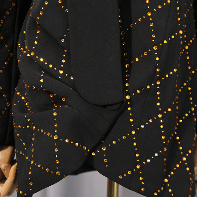 dolores black Folded Collar Rhinestone Blazer