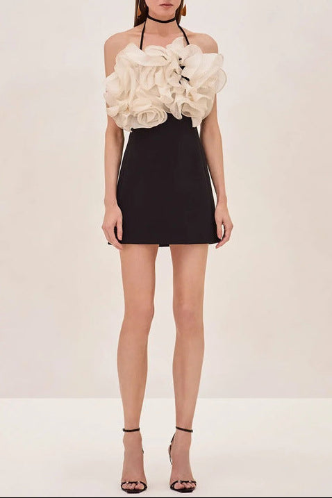 dolores Ruffle backless Mini Dress in black