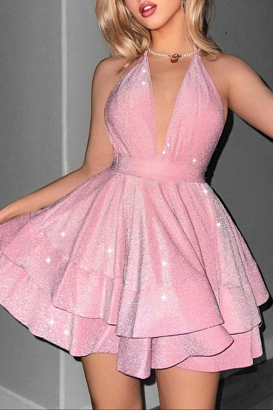 Ellalabel jo pink A Line Halter  Tiered mini Dress - Crafted from High-quality Fabrication- Best for Cocktail Parties and Night Out.