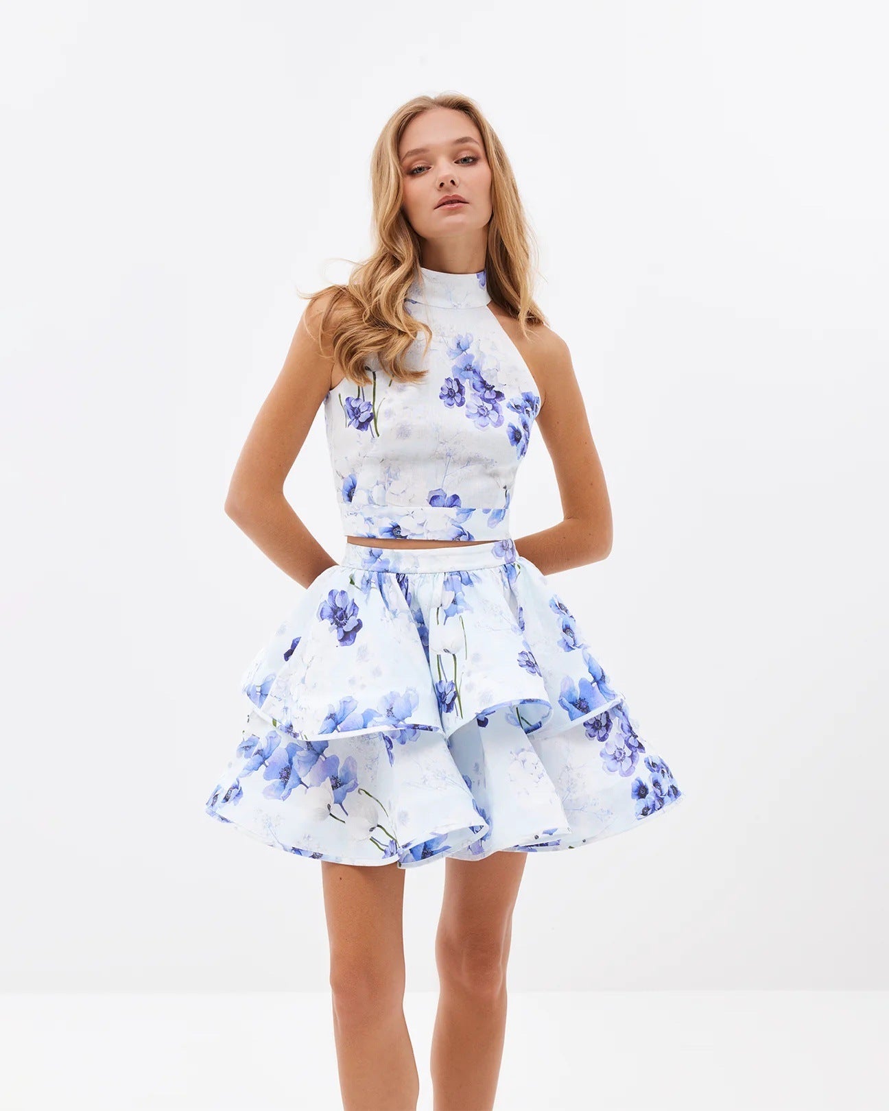 Stylish blue dress | jessica printed backless halter top skirt set in blue - Ideal for special occasions