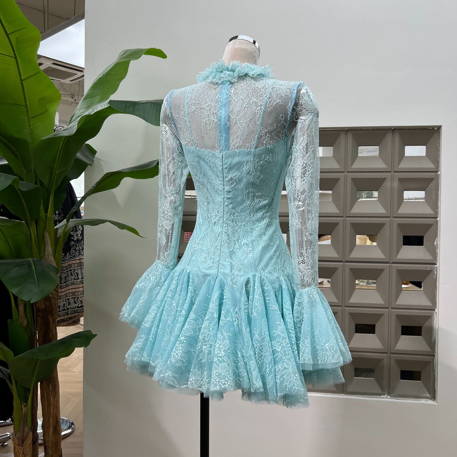 Winifred blue  Embroidered Flared Mini Dress