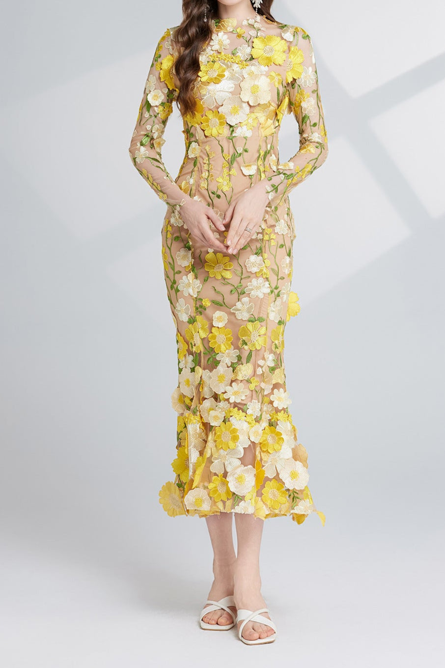 CAROL YELLOW FLORAL EMBROIDERY MESH LONG SLEEVE MIDI DRESS