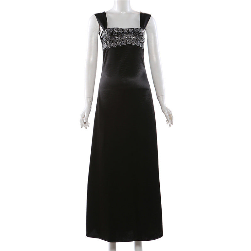 sabrina black Rhinestone embellished Satin Maxi Dress