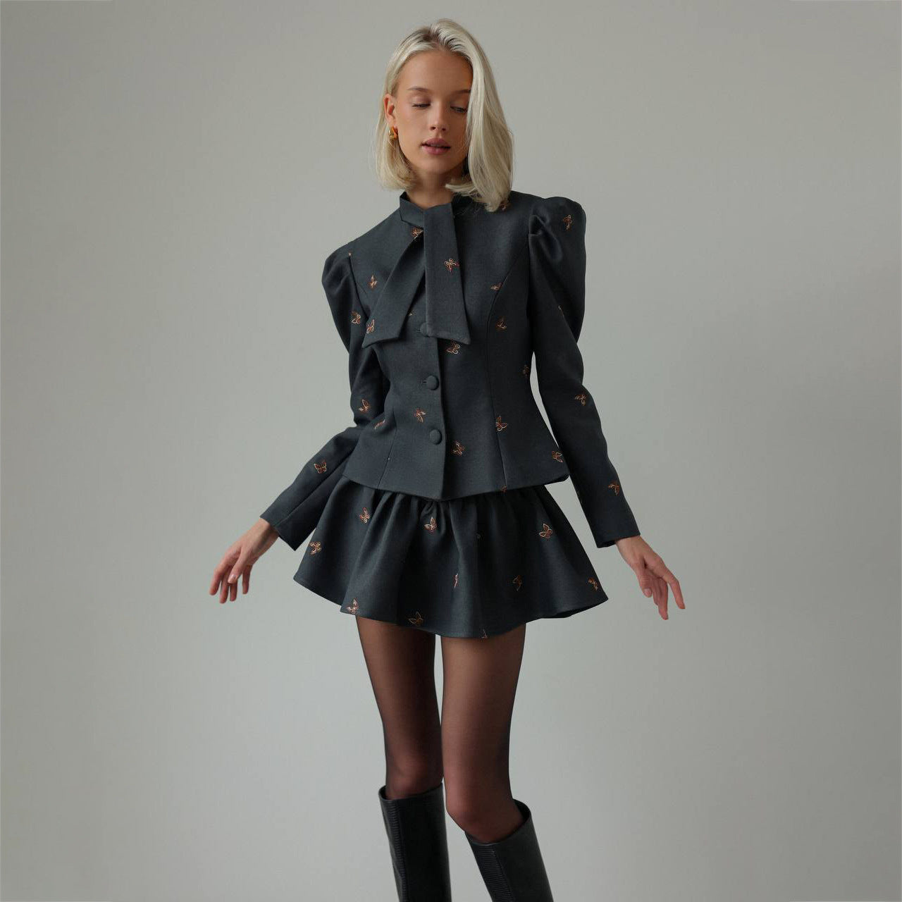 meroy dark grey Butterfly Embroidered blazer mini skirt Set