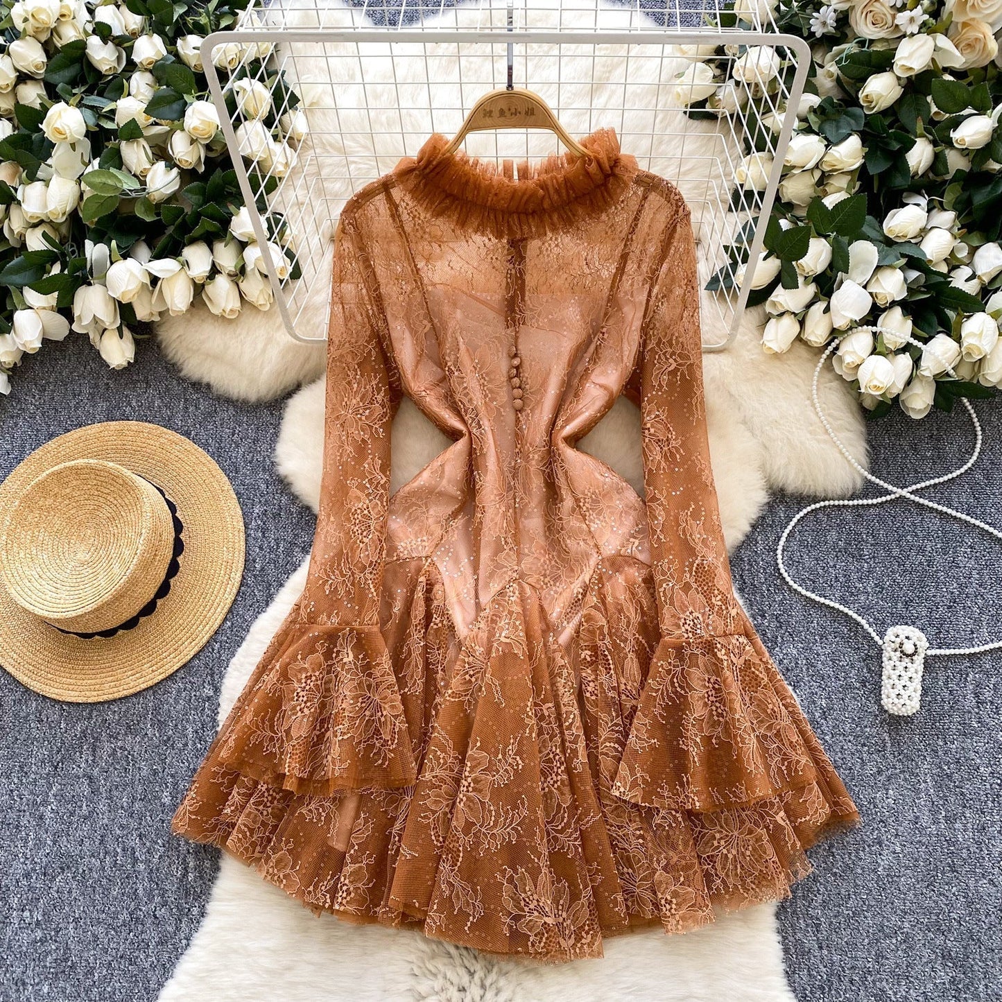 pandora lace Embroidered Flared long sleeve Mini Dress