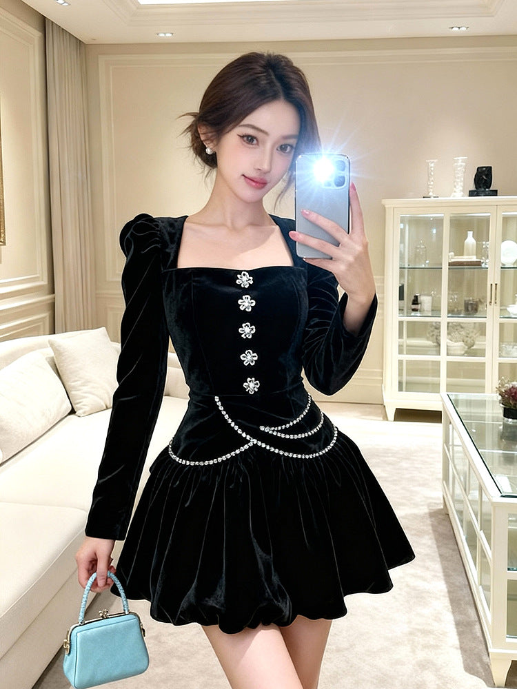 caroline black square neck rhinestone velvet mini dress