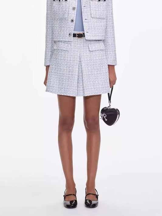 Ellalabel chaya pale blue Tweed mini skirt - Crafted from Premium Tweed- Best for Cocktail Parties and Night Out.