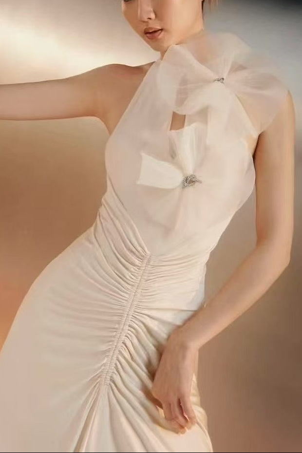 destiny Flower bow pleated bodycon maxi dress in white